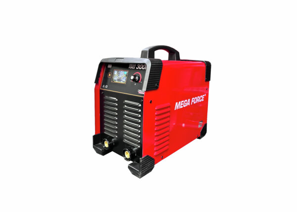 Panel frontal de la Lincoln Mega Force 300iD – pantalla LCD, control de amperaje, funciones Hot-Start y Arc-Force
