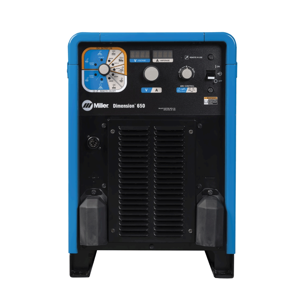 Dimension 650 de Miller: 907617001 fuente multiproceso 15-815 A, 650 A @ 100 % ciclo, compatible con MIG, FCAW, TIG, SMAW, SAW y gouging. Potencia y versatilidad industrial.
